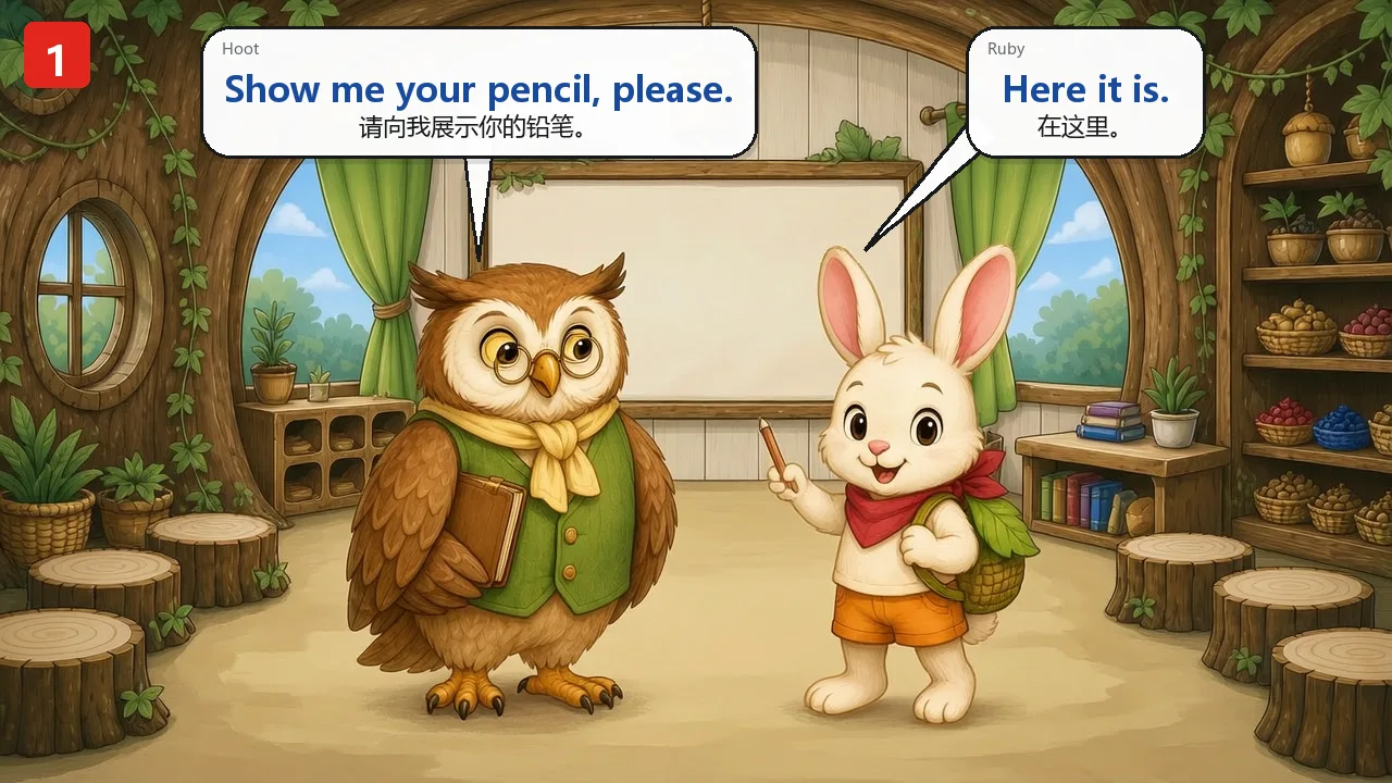 真实教材第一页:猫头鹰请兔子展示铅笔,兔子回答 Here it is.