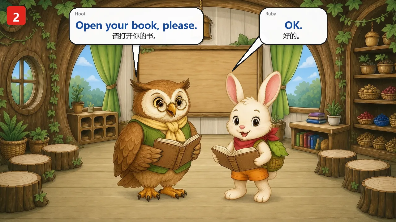 同套教材第二页:Open your book, please. / OK.